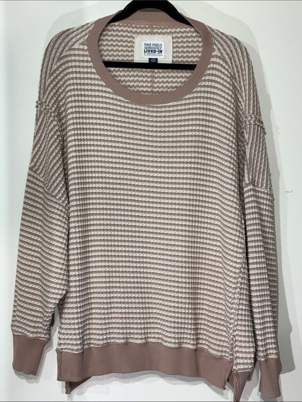 American Eagle Outfitters Taupe & White Striped Waffle Crewneck Sweater